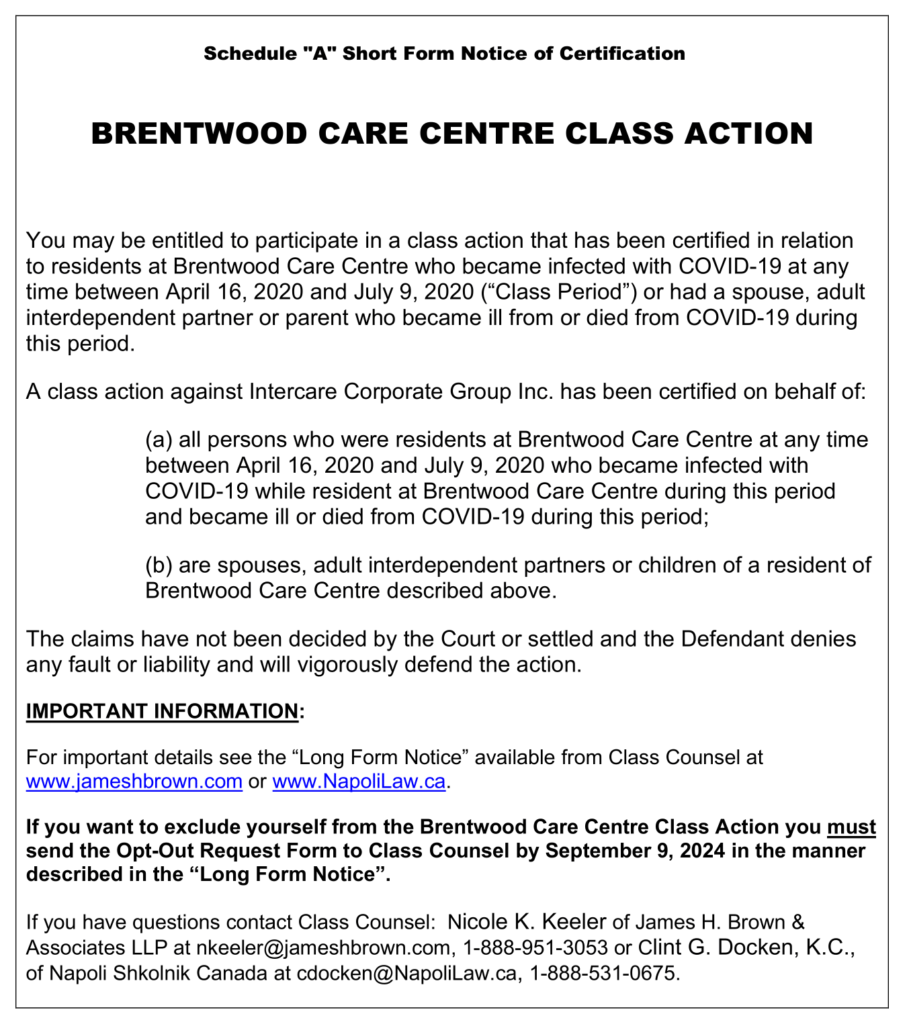 Short Form Notice Brentwood Care Centre Class Action